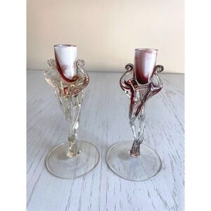 Vintage Hand Blown Art Glass Candlestick Holders Twisted Cranberry White Set